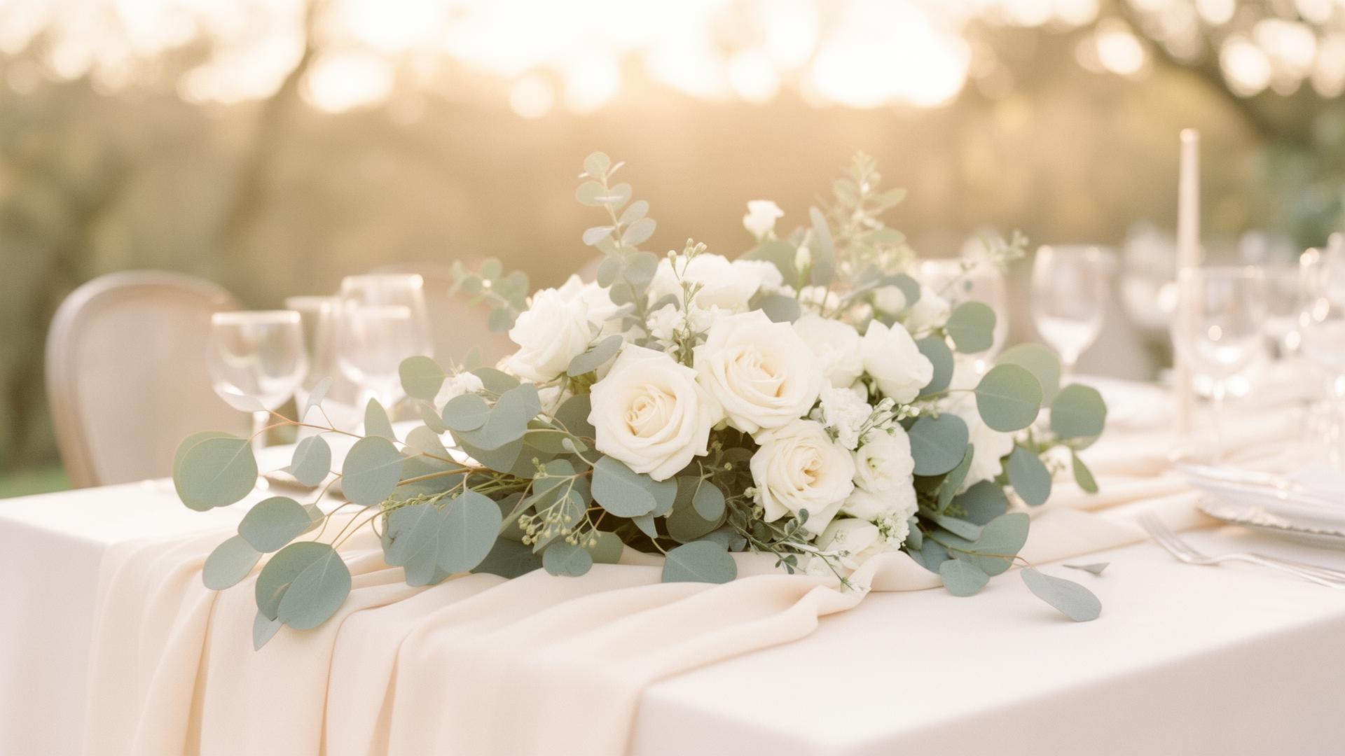 Bruiloft tafelschikking met witte rozen en eucalyptus